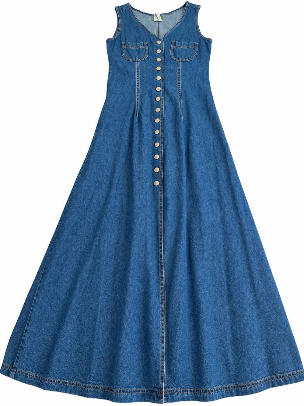 Esprit Vintage 90s Blue Denim Button Front Sleeveless A-Line Maxi Dress Sz Small
